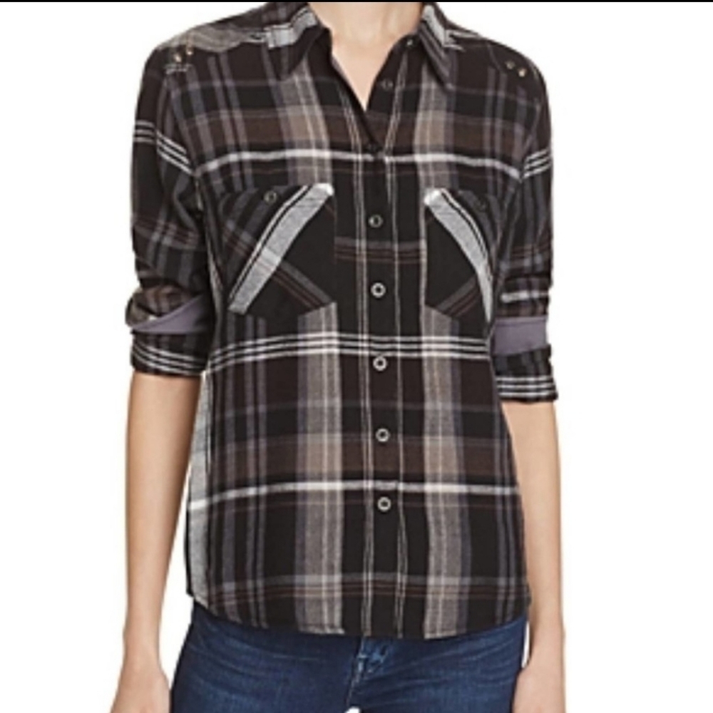 Free People Black and Gray Wesley Plaid Button Down Shirt S